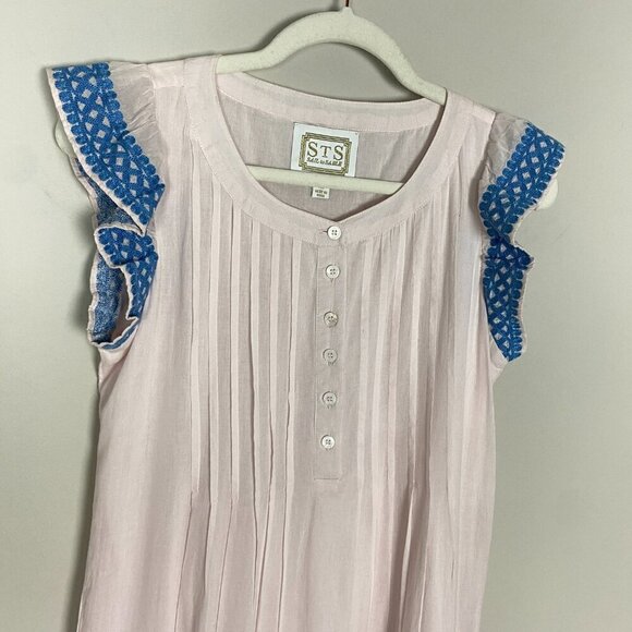 Sail to Sable Flutter Sleeve Dress in Blush Pink Blue Embroidered Ruffles Tiered - Picture 4 of 11